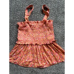 J‎ Crew Reimagined Smocked Tank Top Orange Pink Floral Sz Medium Black Label